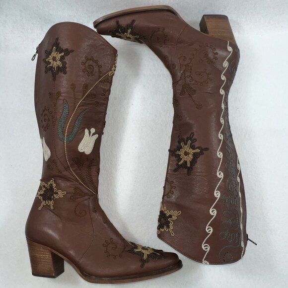 Erkan Demir Artemis Brown Leather Embroidered Western Cowgirl Boots Size 37/6 - Picture 4 of 16